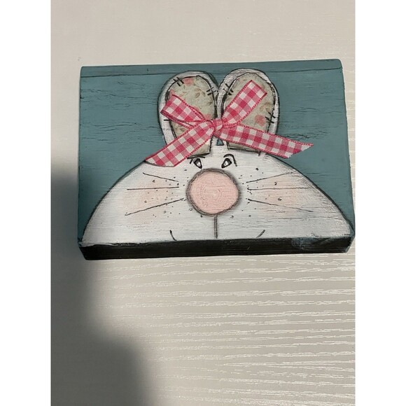 Hand Painted Blue Easter Bunny Wooden Block Face - Picture 4 of 5